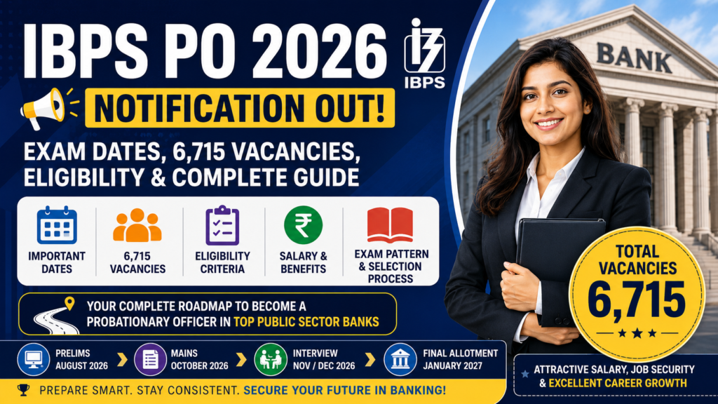 IBPS PO Notification 2026: Exam Dates, 6,715 Vacancies, Eligibility, Salary & Complete Guide IBPS PO Notification 2026: Exam Dates, 6,715 Vacancies, Eligibility, Salary